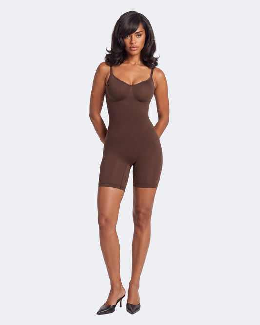Litchy Mid-Thigh Bodysuit in Espresso, full body shapewear met tummy control van buste tot dij