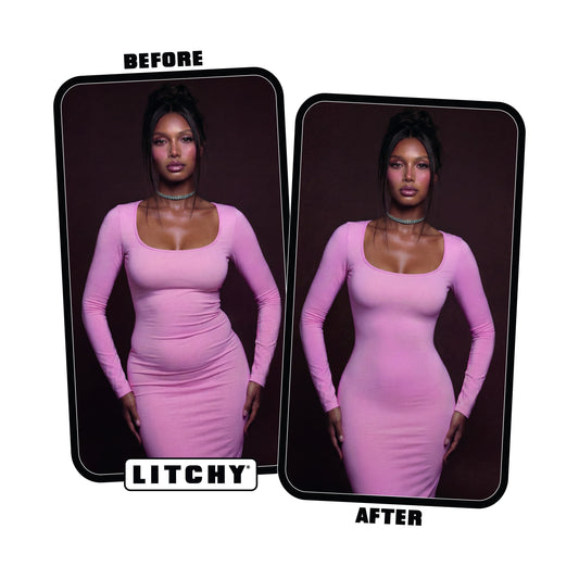 Litchy High-Waisted Short before and after, billen gelift en taille ingesnoerd