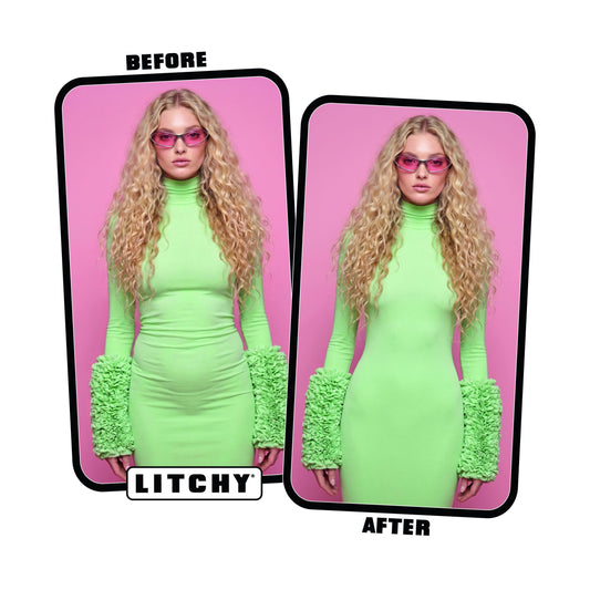 Litchy High-Waisted Short before and after, billen gelift en taille ingesnoerd