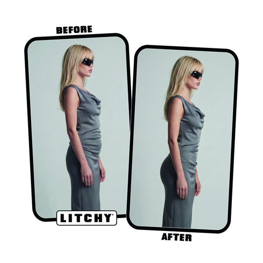 Litchy Mid-Rise Short before and after, billen gelift en buik gladgestreken