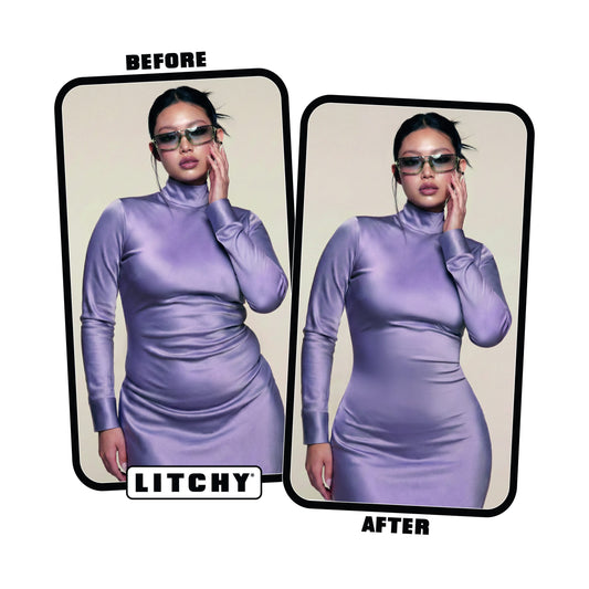 Litchy Mid-Thigh Bodysuit before and after, van buste tot dij gesculpt