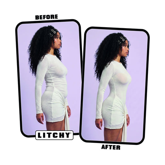 Litchy Thong Bodysuit before and after, snatched waist en instant hourglass