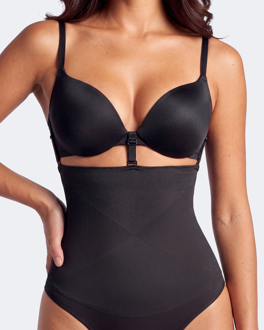 Litchy High-Waisted Thong in het zwart met verstelbare bh-bandjes