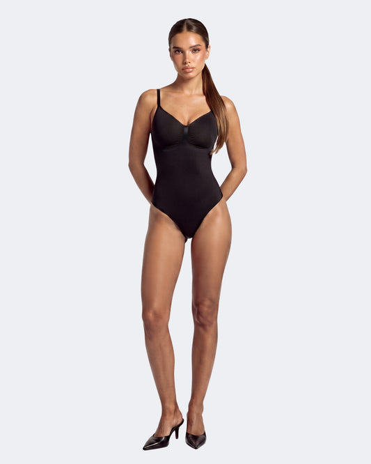 Litchy Thong Bodysuit in het zwart, corrigerende shapewear met tummy control en snatched waist